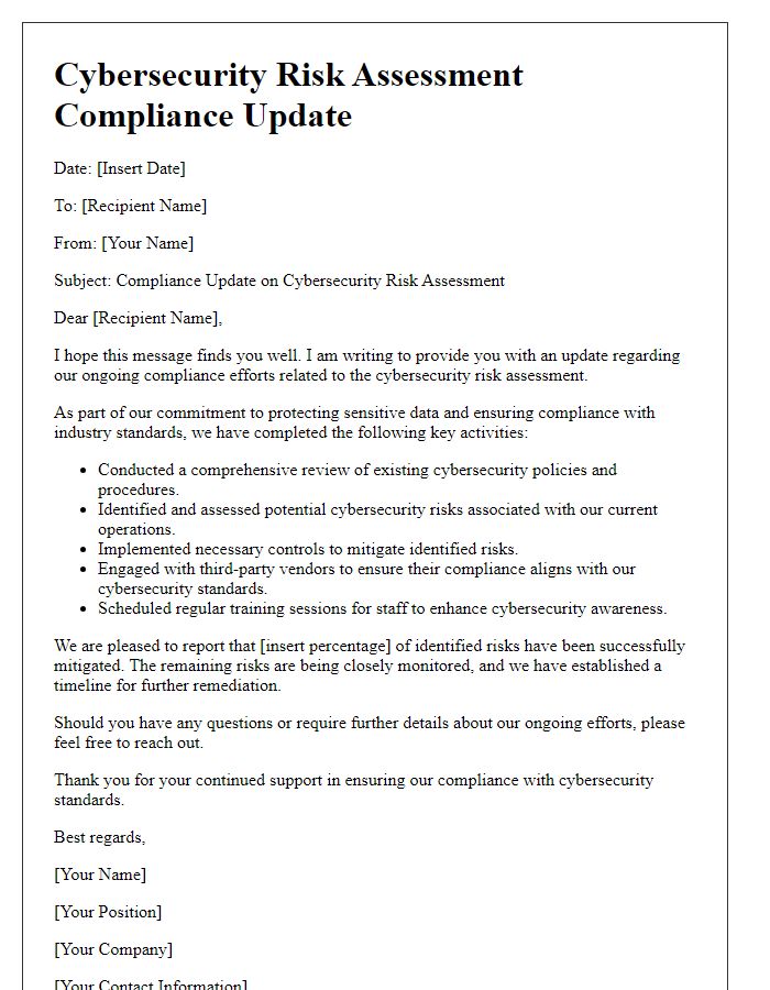 Letter template of cybersecurity risk assessment compliance update