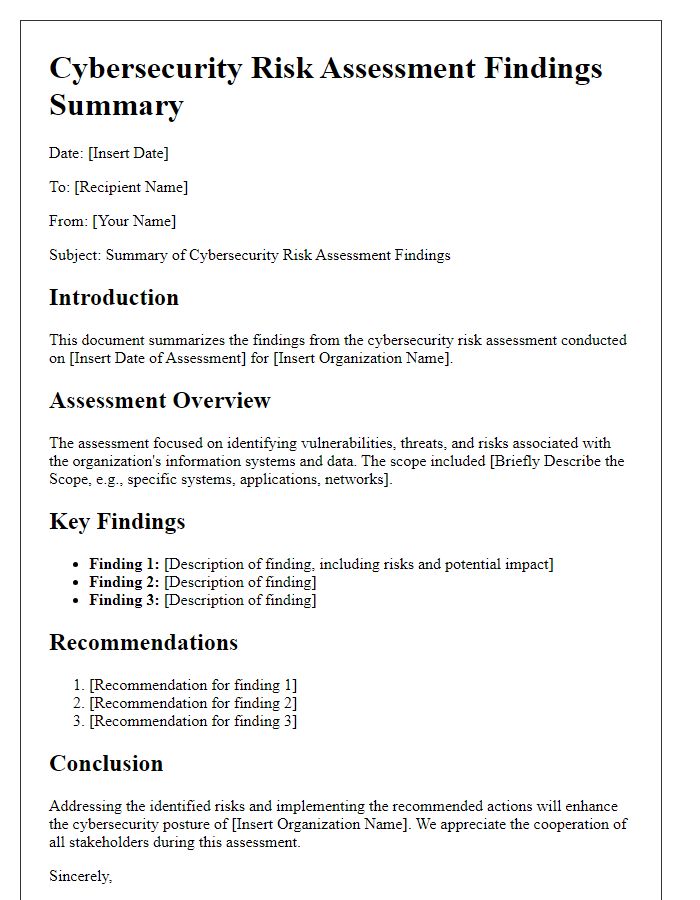 Letter template of cybersecurity risk assessment findings summary