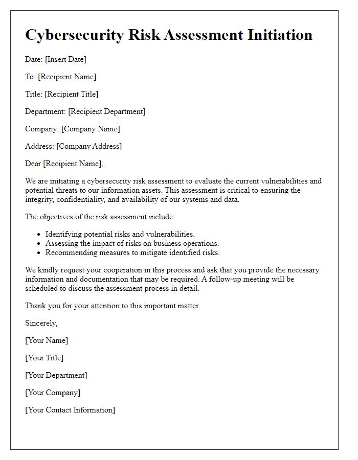 Letter template of cybersecurity risk assessment initiation