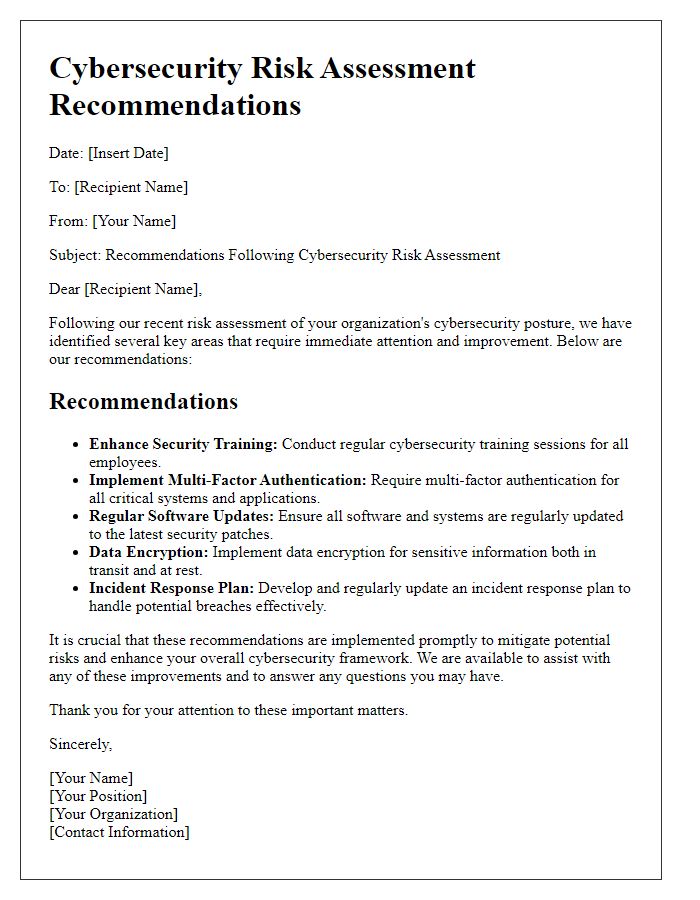 Letter template of cybersecurity risk assessment recommendations