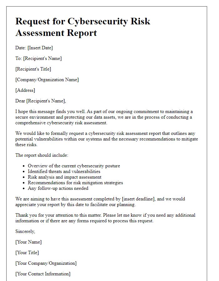 Letter template of cybersecurity risk assessment report request