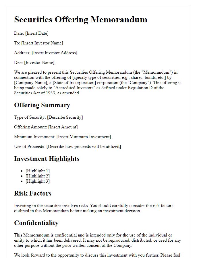 Letter template of Securities Offering Memorandum for Accredited Investors