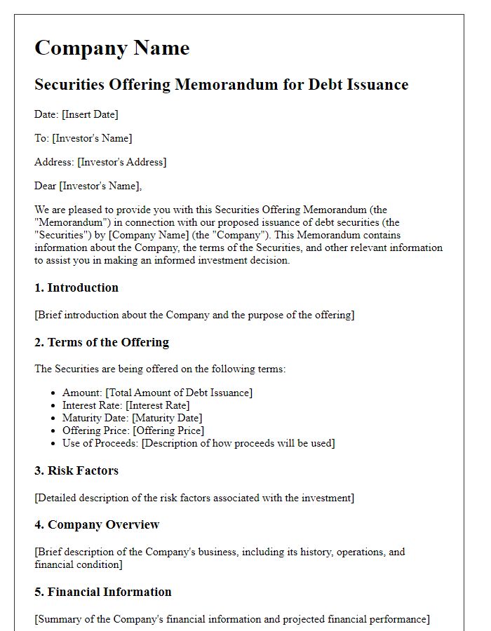 Letter template of Securities Offering Memorandum for Debt Issuance