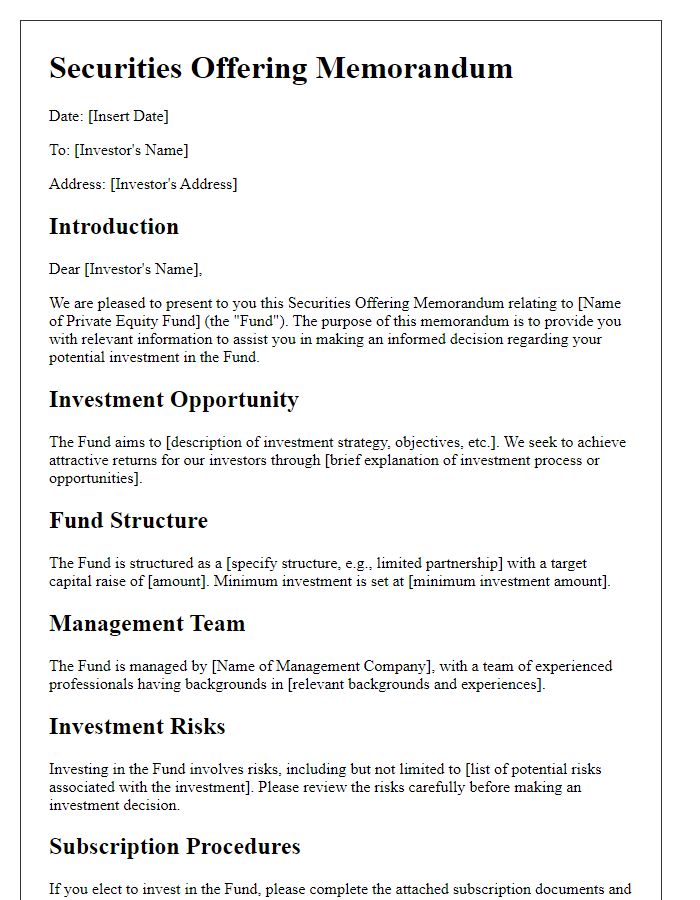 Letter template of Securities Offering Memorandum for Private Equity Fund