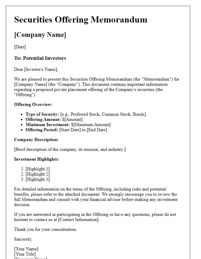 Letter template of Securities Offering Memorandum for Private Placement