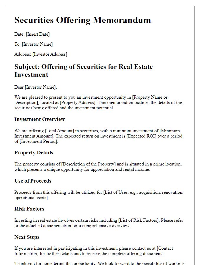 Letter template of Securities Offering Memorandum for Real Estate Investment