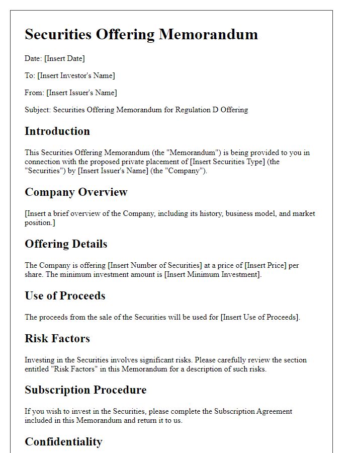 Letter template of Securities Offering Memorandum for Regulation D Offerings