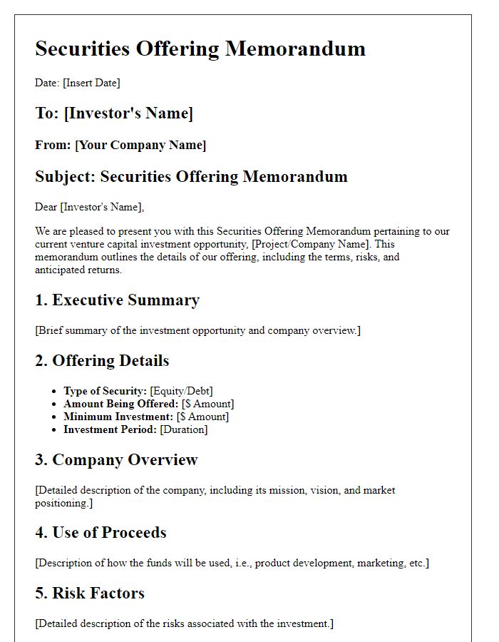 Letter template of Securities Offering Memorandum for Venture Capital