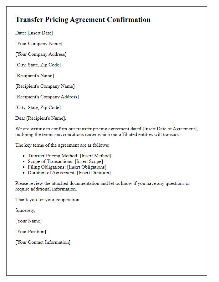 Letter template of transfer pricing agreement confirmation