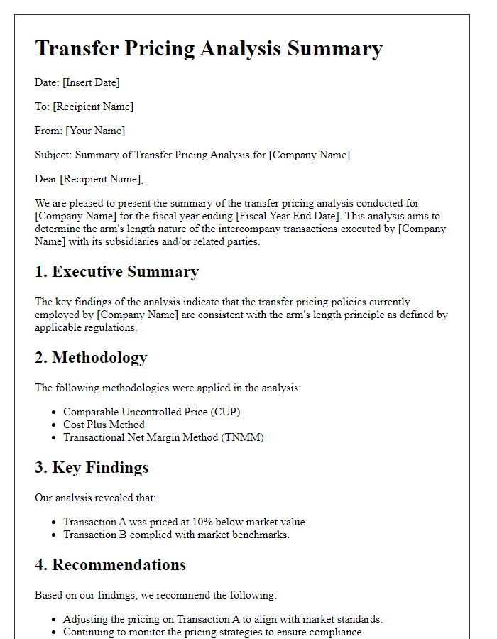 Letter template of transfer pricing analysis summary