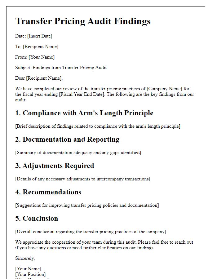 Letter template of transfer pricing audit findings