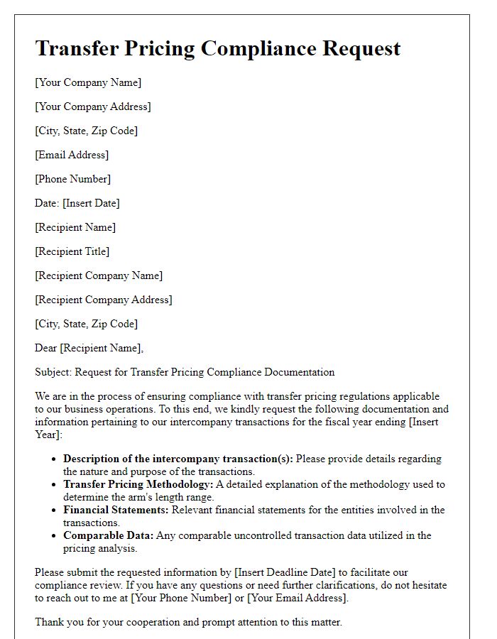 Letter template of transfer pricing compliance request