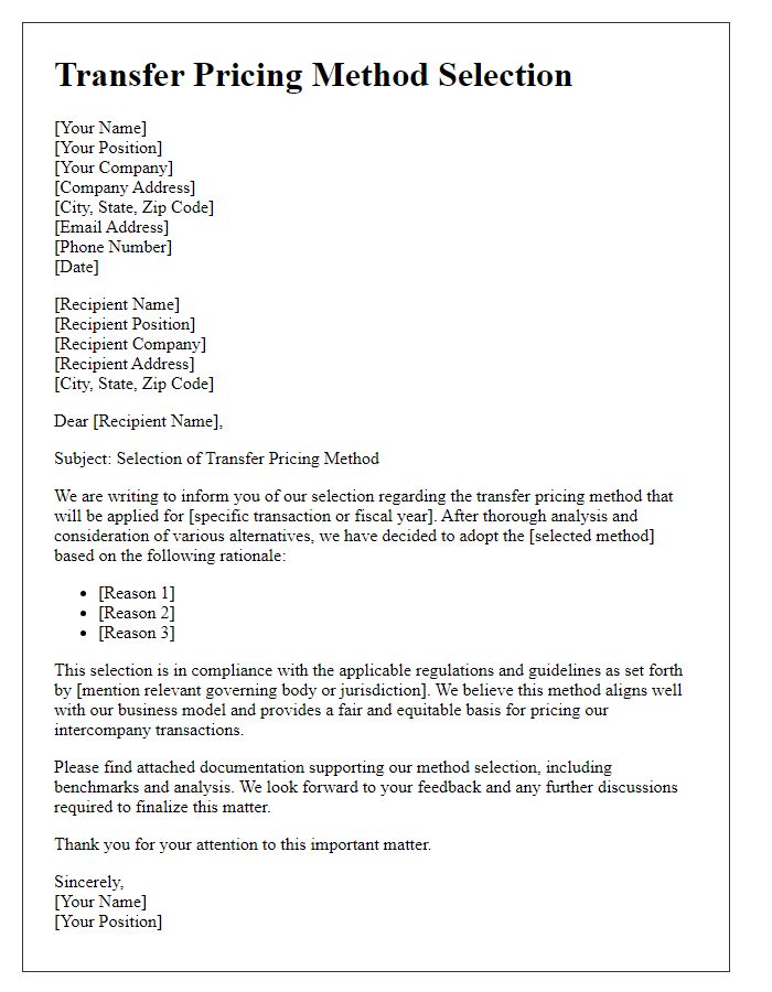 Letter template of transfer pricing method selection