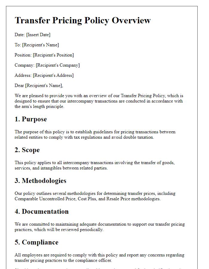 Letter template of transfer pricing policy overview