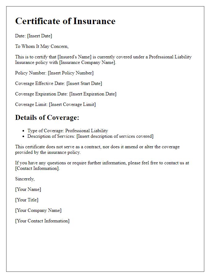 Letter template of professional liability insurance certificate issuance