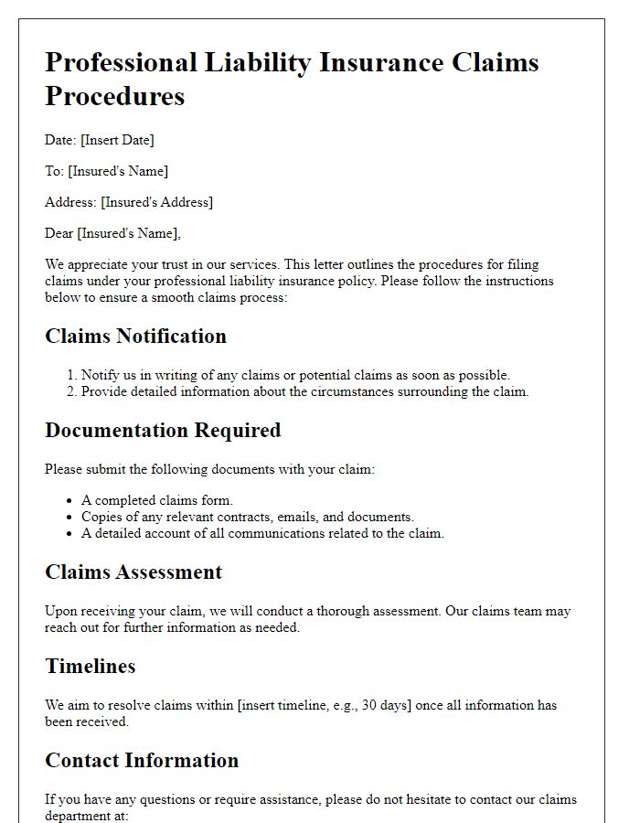 Letter template of professional liability insurance claims procedures