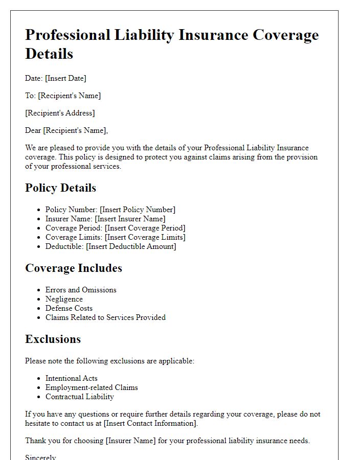 Letter template of professional liability insurance coverage details