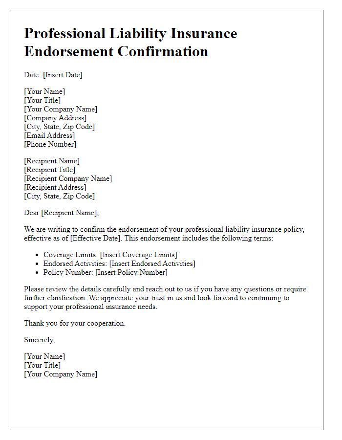 Letter template of professional liability insurance endorsement confirmation