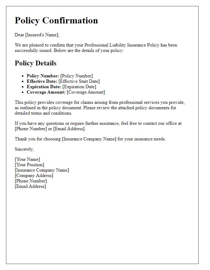 Letter template of professional liability insurance policy confirmation