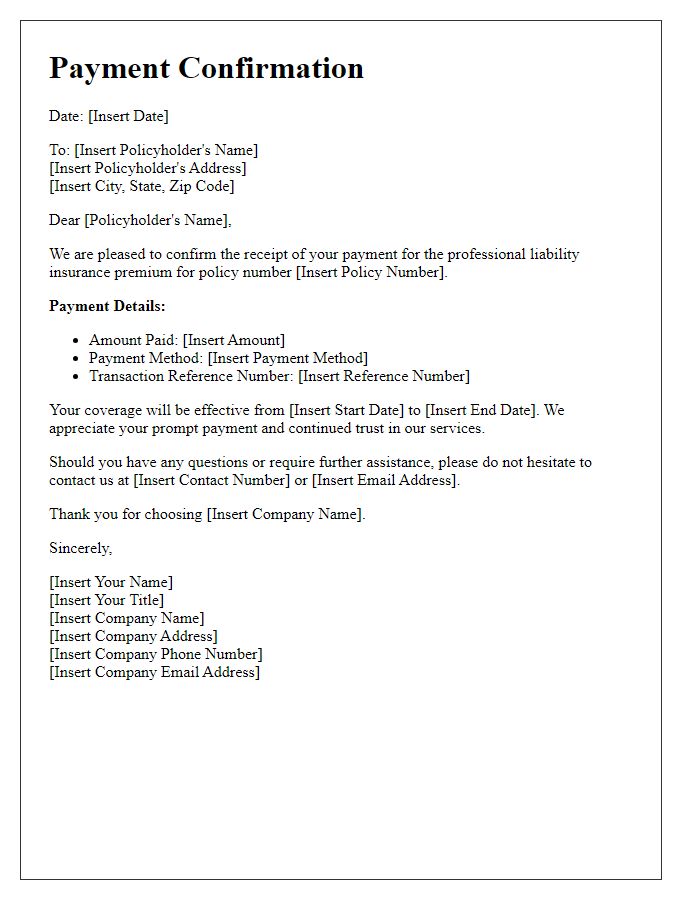 Letter template of professional liability insurance premium payment confirmation