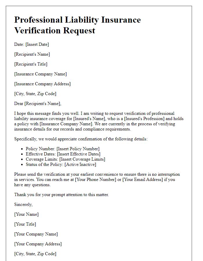 Letter template of professional liability insurance verification request