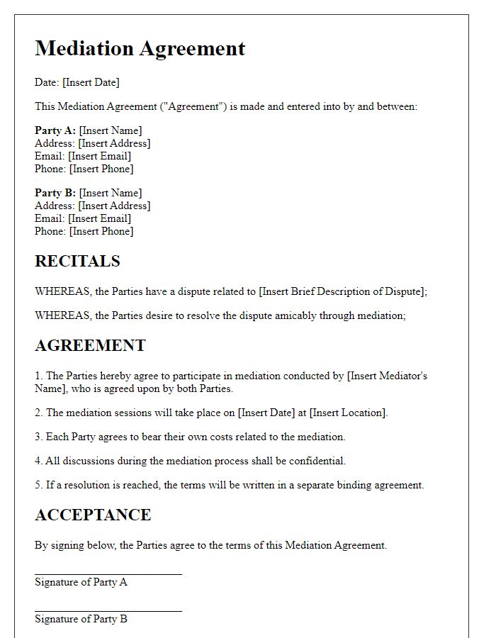 Letter template of mediation agreement for business disputes.