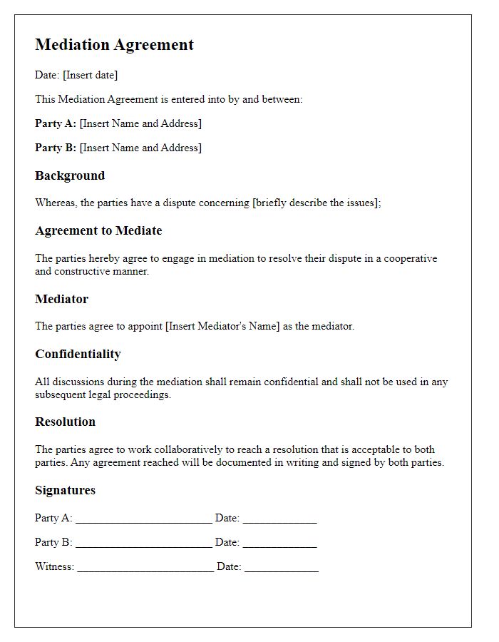 Letter template of mediation agreement for community issues.