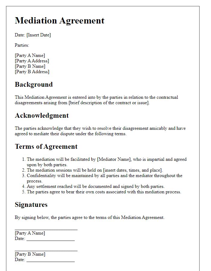 Letter template of mediation agreement for contractual disagreements.