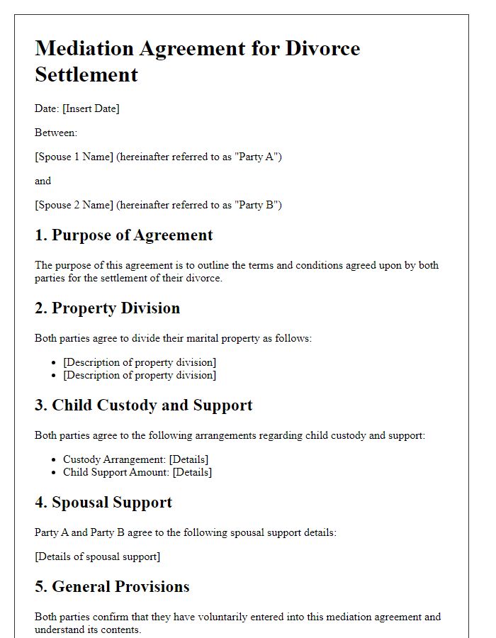 Letter template of mediation agreement for divorce settlements.