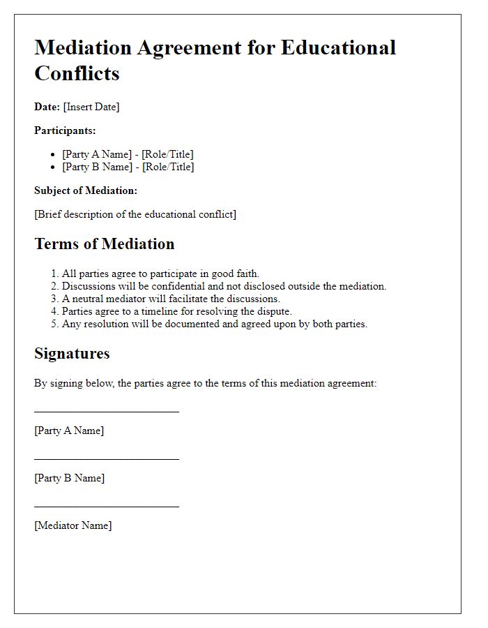 Letter template of mediation agreement for educational conflicts.