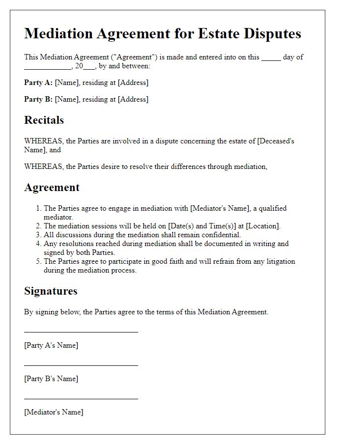 Letter template of mediation agreement for estate disputes.