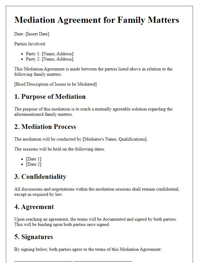 Letter template of mediation agreement for family matters.