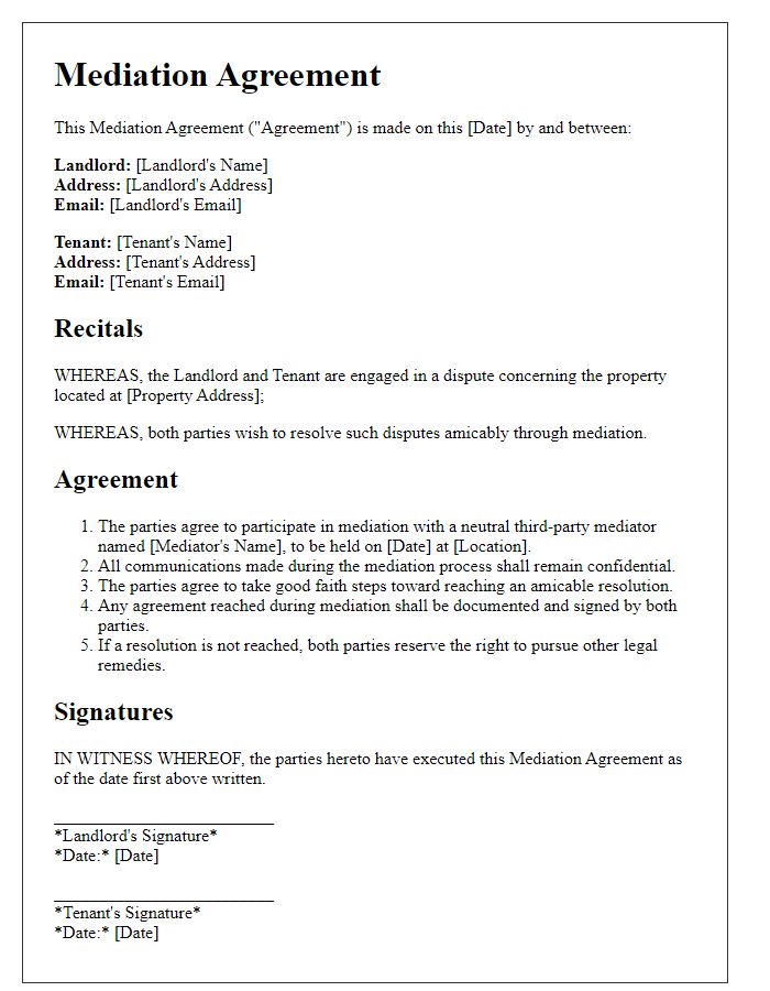 Letter template of mediation agreement for landlord-tenant disputes.