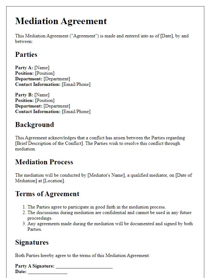 Letter template of mediation agreement for workplace conflicts.