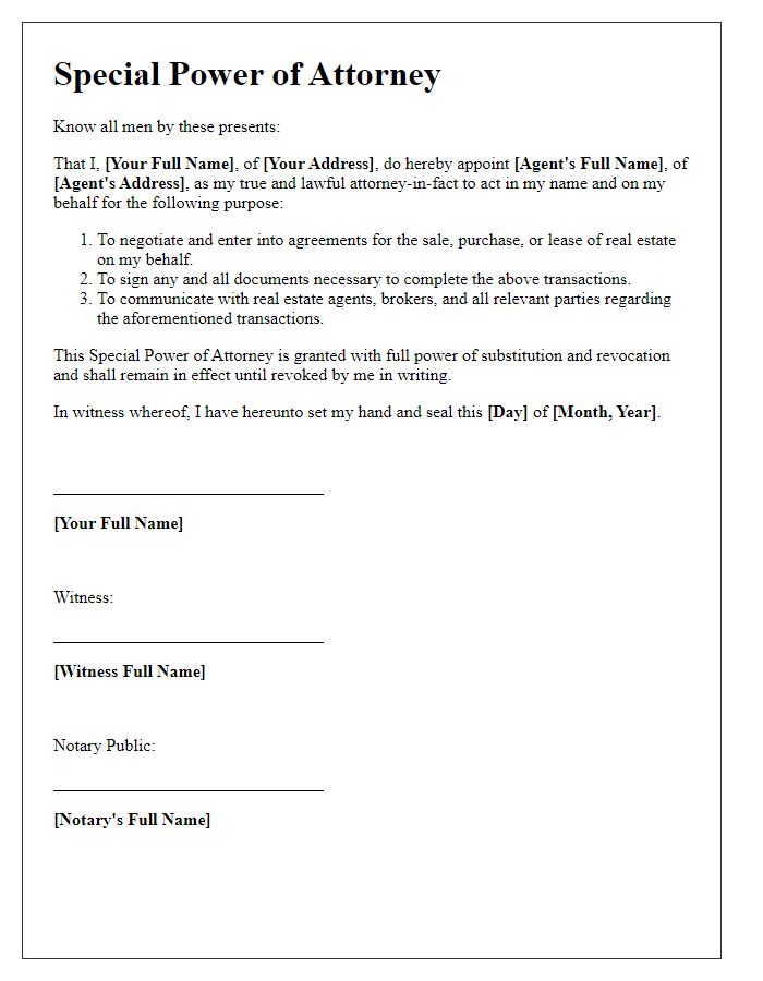 Letter template of Special Power of Attorney for Real Estate Negotiations