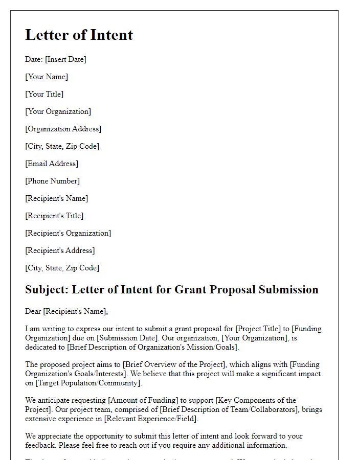 Letter template of intent for grant proposal submission