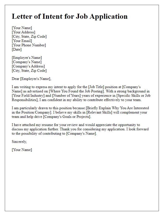 Letter template of intent for job application