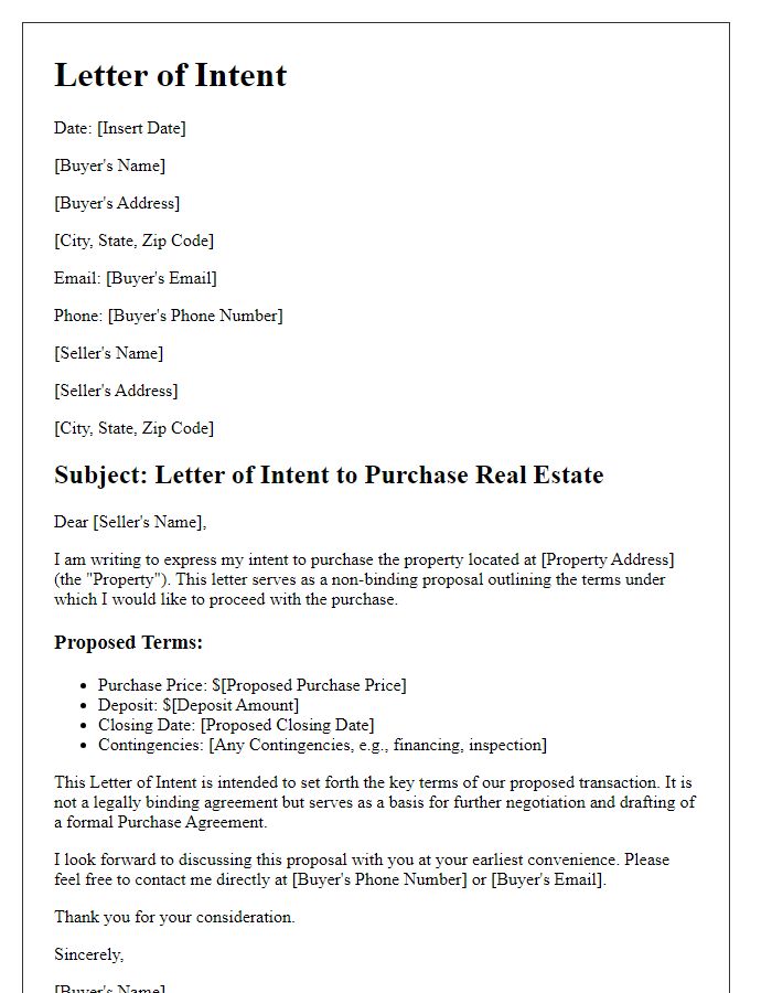 Letter template of intent for real estate purchase