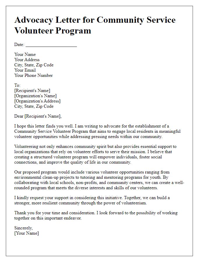 Letter template of advocacy for a community service volunteer program.