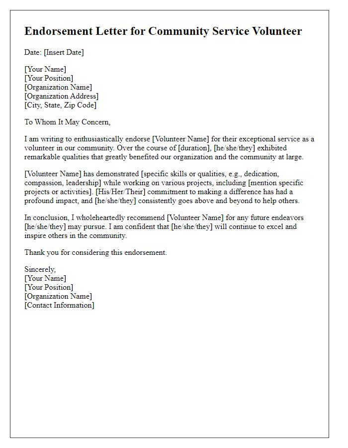 Letter template of endorsement for a community service volunteer.