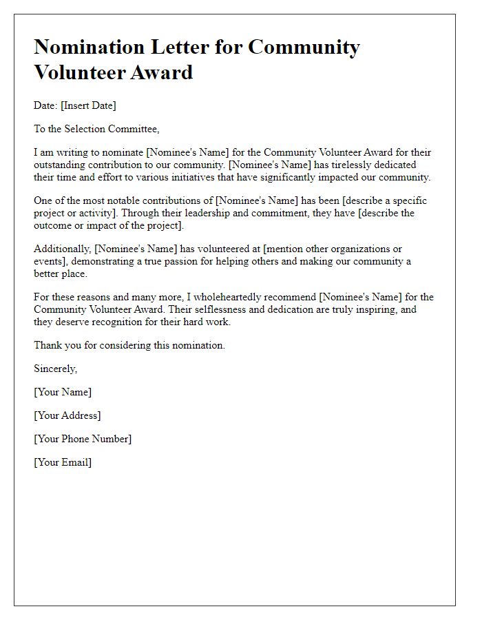 Letter template of nomination for a community volunteer award.