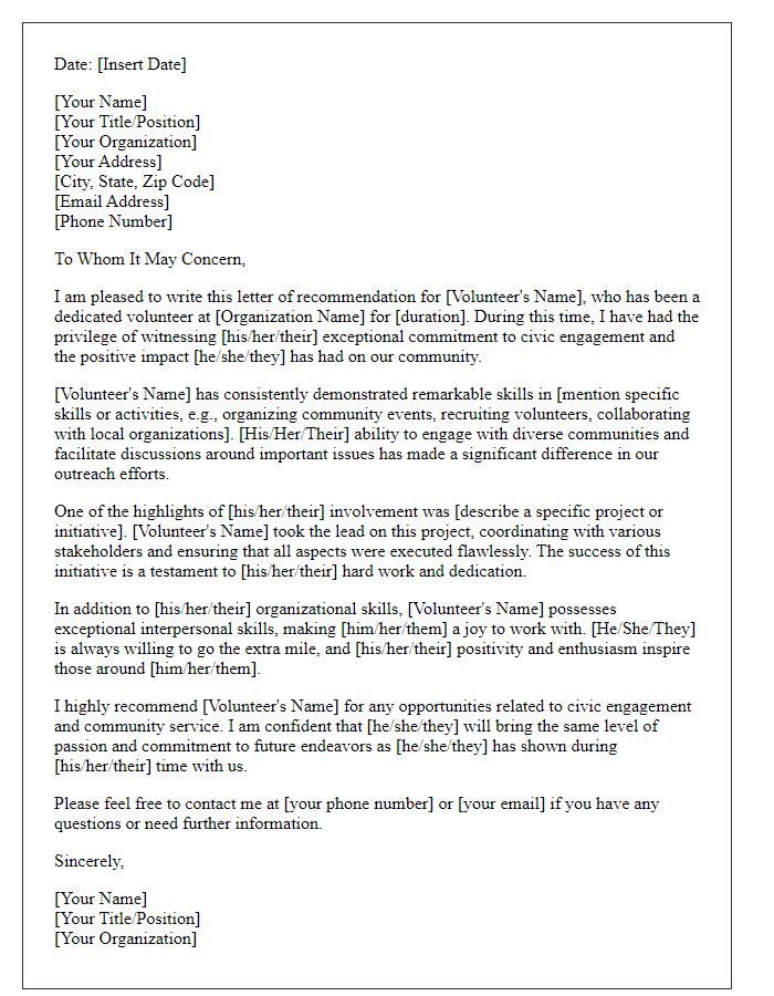 Letter template of recommendation for a civic engagement volunteer.