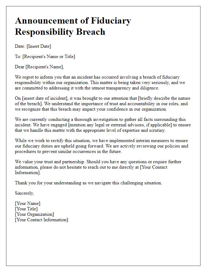 Letter template of fiduciary responsibility breach announcement