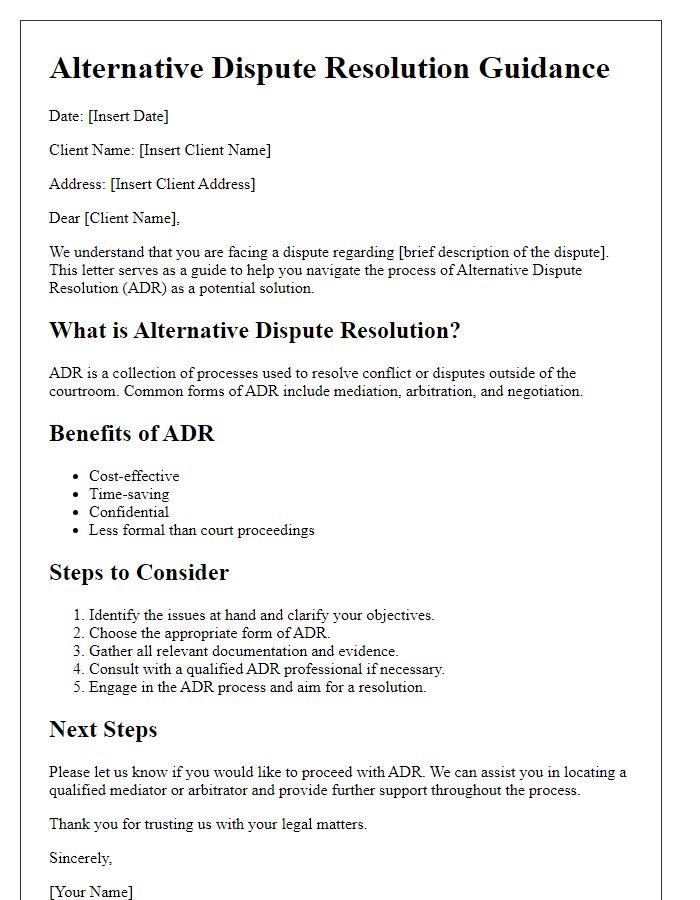 Letter template of alternative dispute resolution guidance for clients.