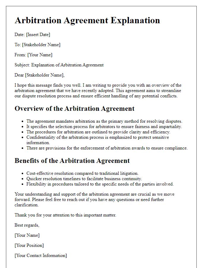 Letter template of arbitration agreement explanation for stakeholders.