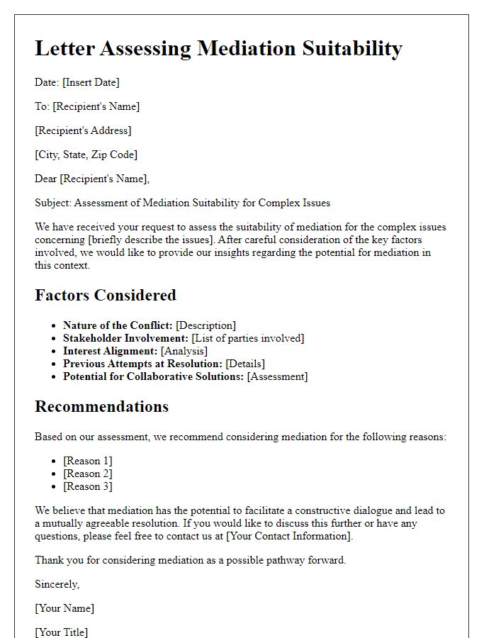 Letter template of assessing mediation suitability for complex issues.