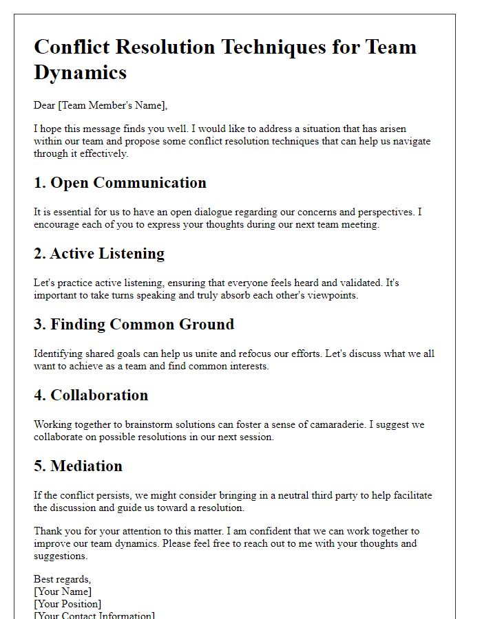 Letter template of conflict resolution techniques for team dynamics.