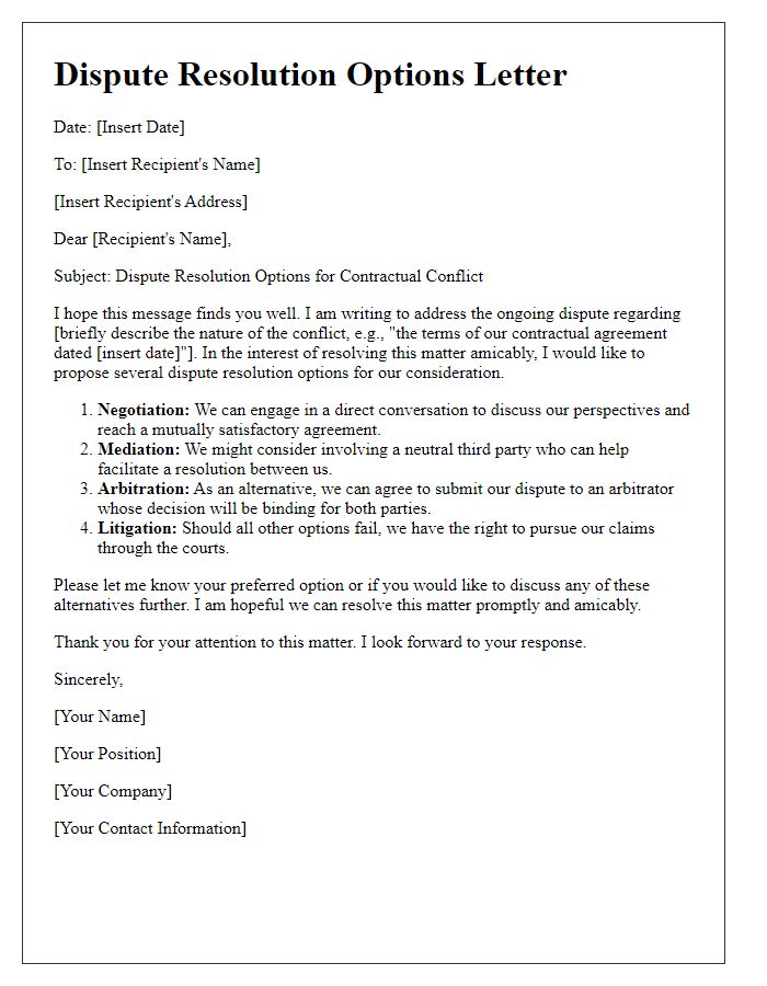 Letter template of dispute resolution options for contractual conflicts.