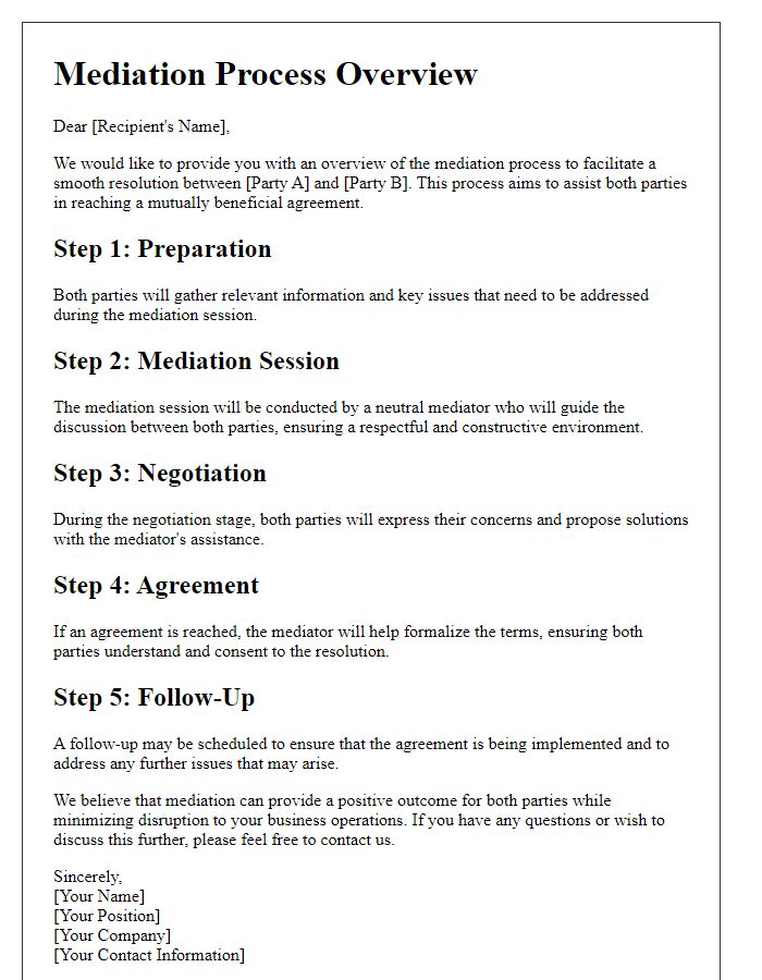 Letter template of mediation process overview for businesses.