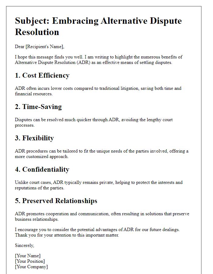 Letter template of outlining benefits of alternative dispute resolution.